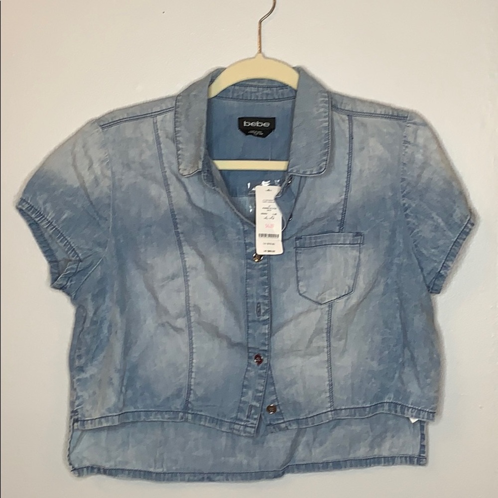 Cropped Denim Button Down Shirt by Bebe